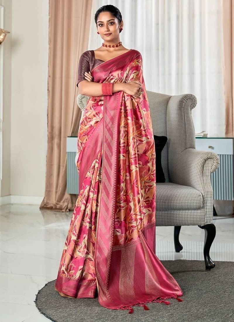 raspberry handloom silk blend with digital print with zari big border