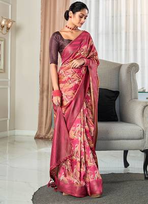 raspberry silk blend saree with digital print zari border 2