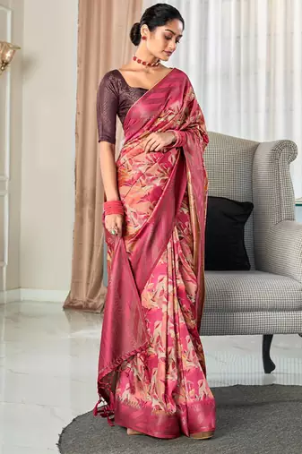 raspberry silk blend saree with digital print zari border