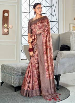 maroon silk blend saree with digital print zari border 1