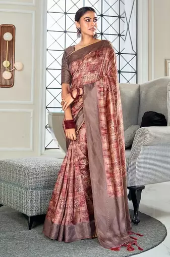 maroon handloom silk blend with digital print with zari big border