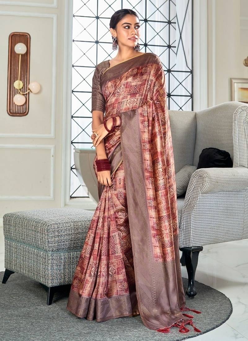 maroon handloom silk blend with digital print with zari big border