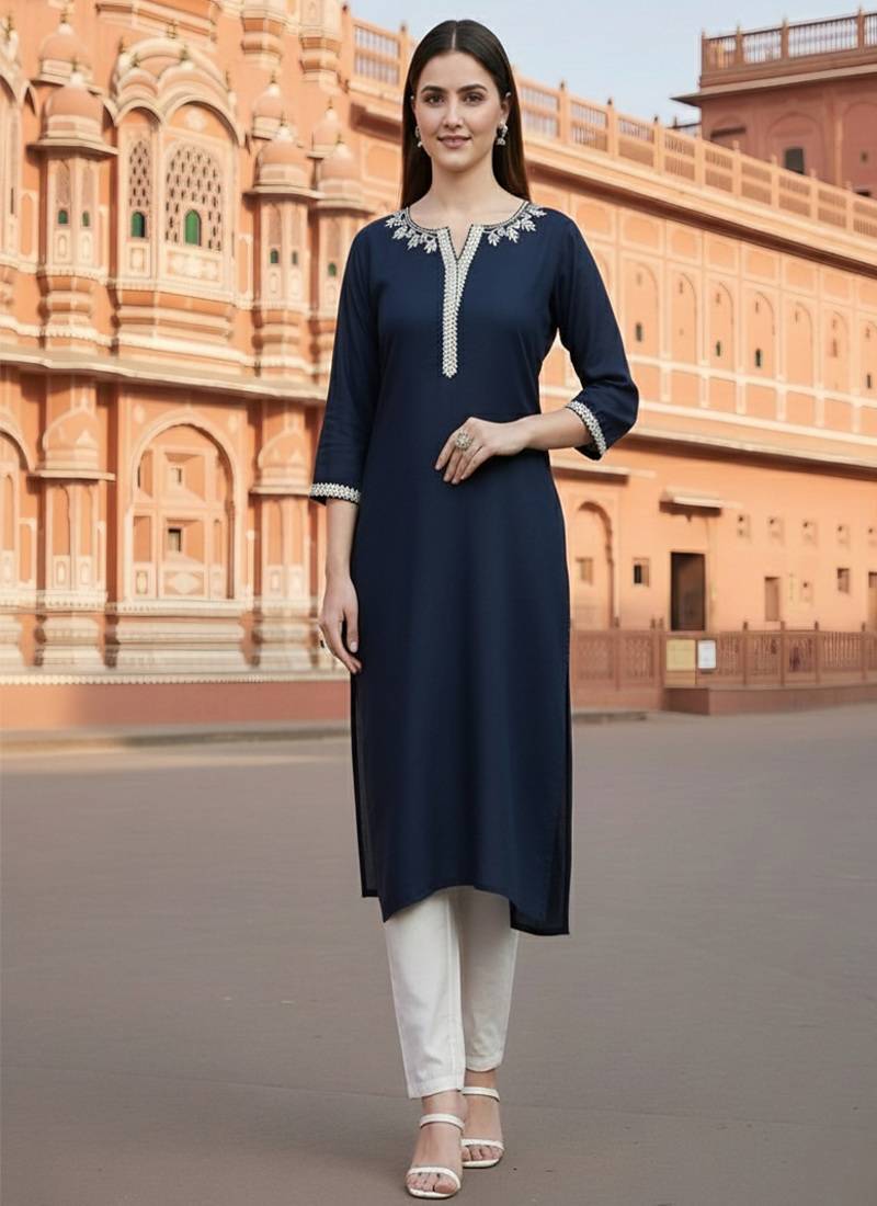 Navy embroidered rayon kurta set