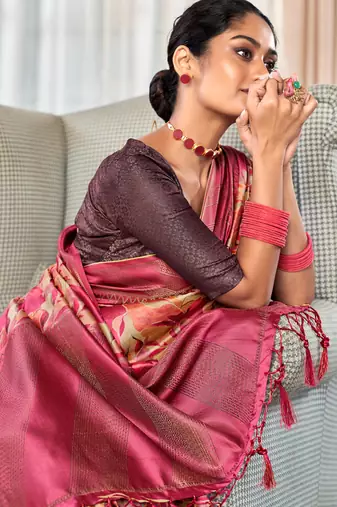 raspberry silk blend saree with digital print zari border