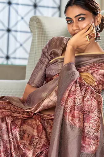 maroon silk blend saree with digital print zari border