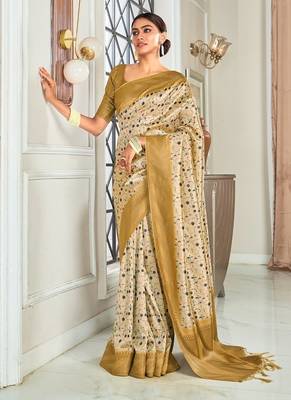 cream silk blend saree with digital print zari border 1