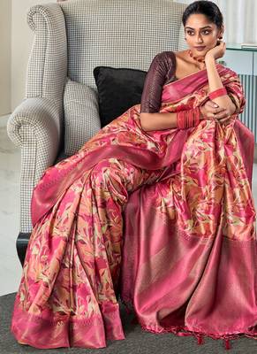 raspberry silk blend saree with digital print zari border 4