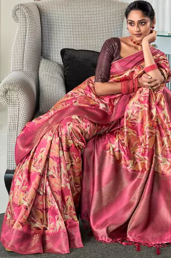 raspberry silk blend saree with digital print zari border