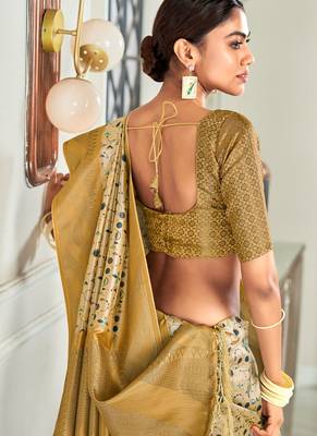 cream silk blend saree with digital print zari border 2