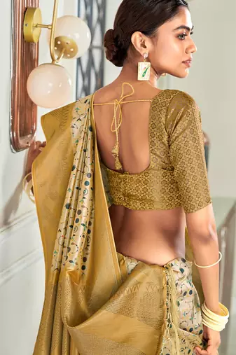 cream silk blend saree with digital print zari border