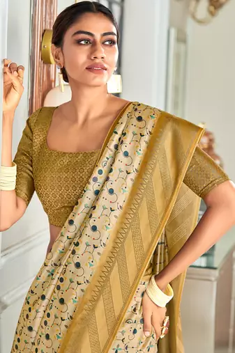 cream silk blend saree with digital print zari border