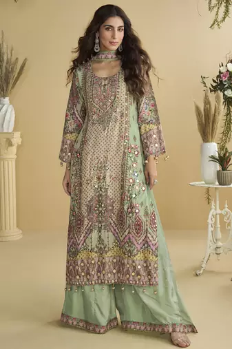 See green crepe silk printred aari work plazzo suit