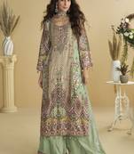 See green crepe silk printred aari work plazzo suit
