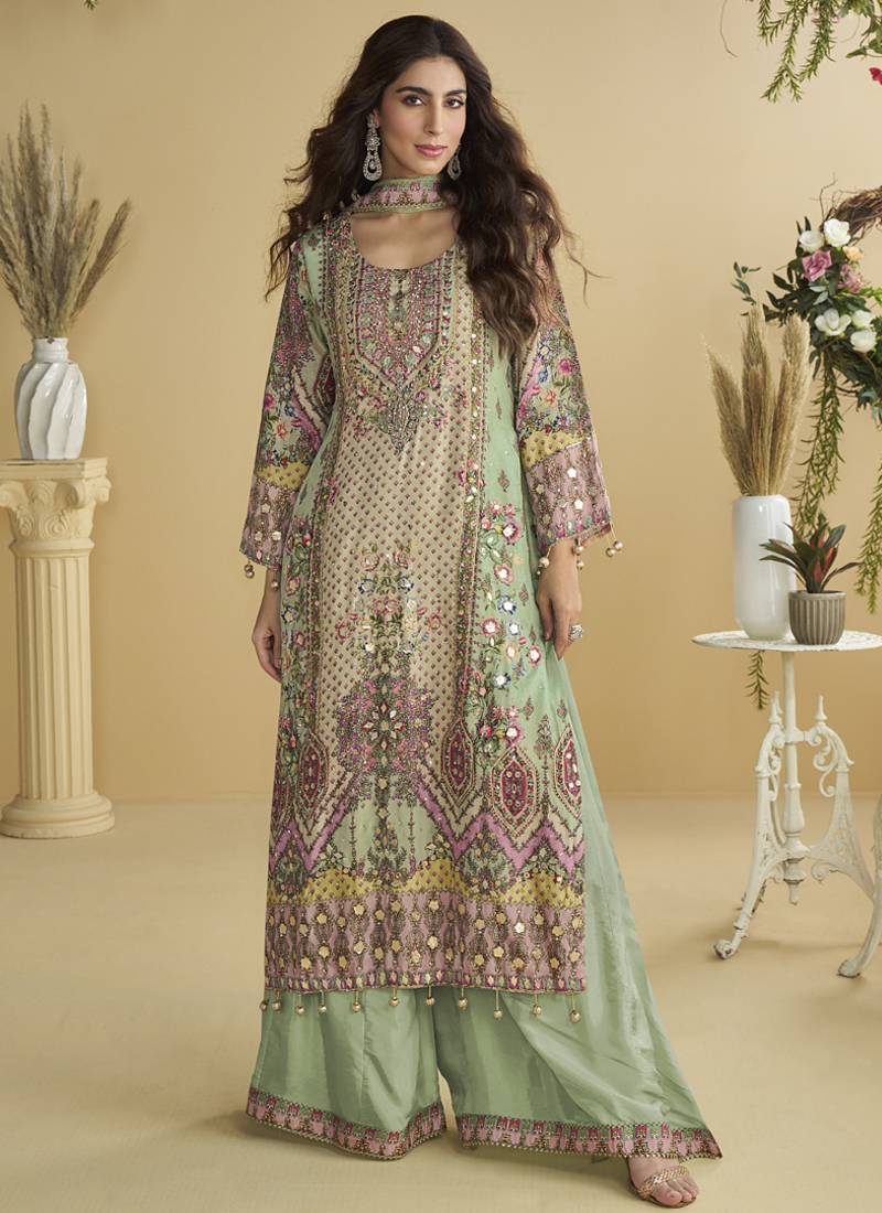 See green crepe silk printred aari work plazzo suit