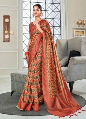 red silk blend saree with digital print zari border 1