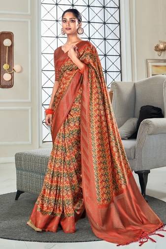 red handloom silk blend with digital print with zari big border