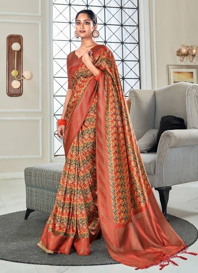 red handloom silk blend with digital print with zari big border