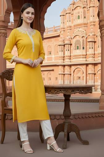 Yellow embroidered rayon kurta set