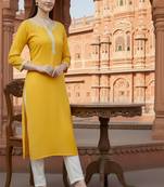 Yellow embroidered rayon kurta set