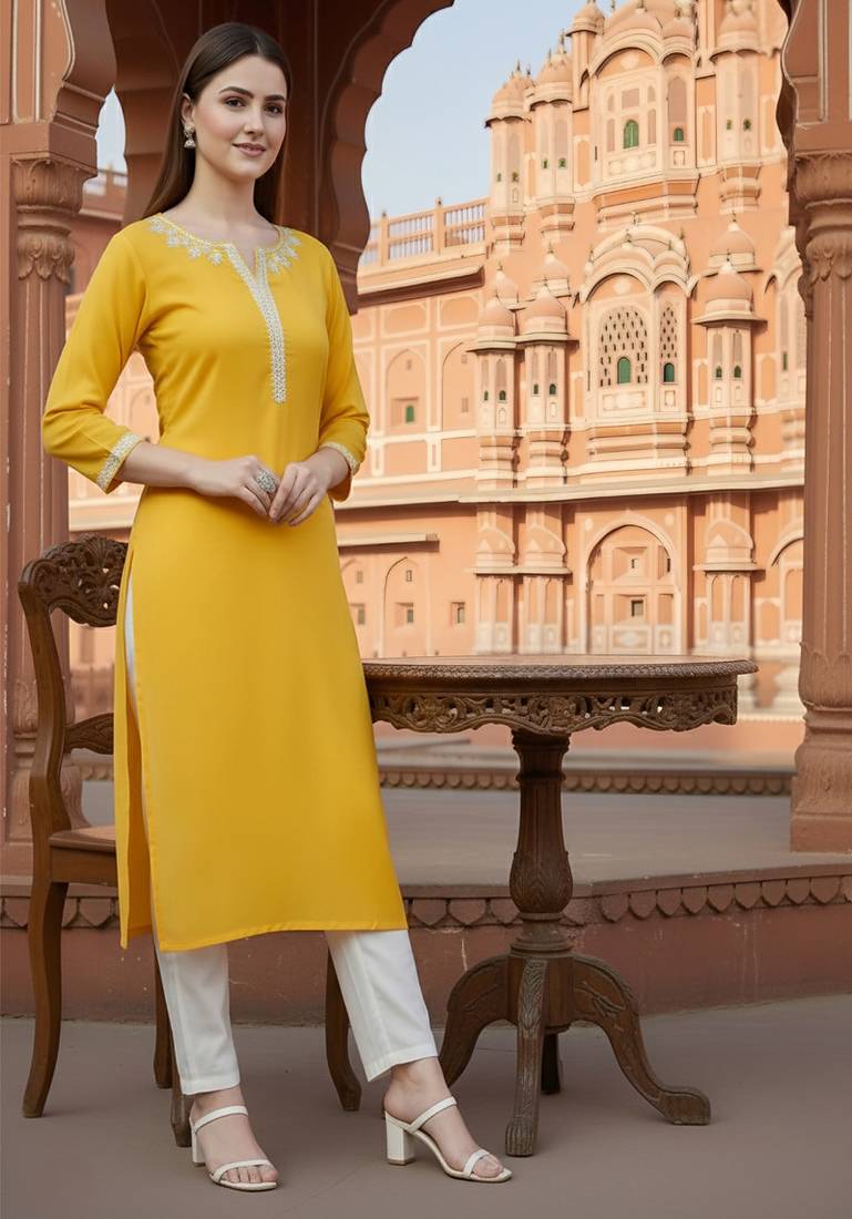 Yellow embroidered rayon kurta set