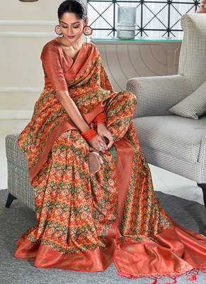 red silk blend saree with digital print zari border 2