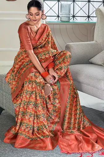 red silk blend saree with digital print zari border