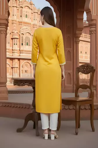 Yellow embroidered rayon kurta set