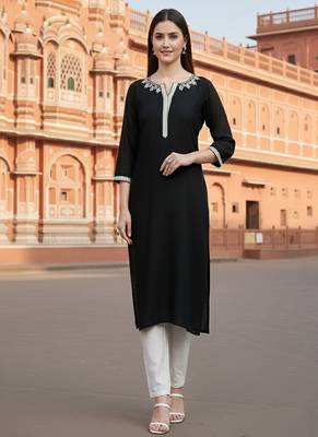 Black embroidered rayon kurta set 1