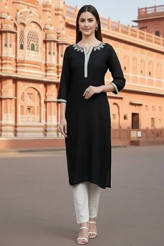 Black embroidered rayon kurta set
