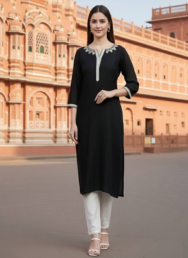 Black embroidered rayon kurta set