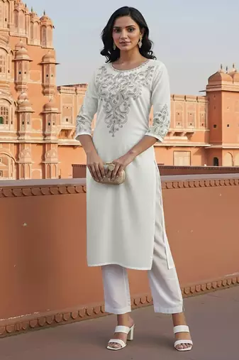 White embroidered rayon kurta set