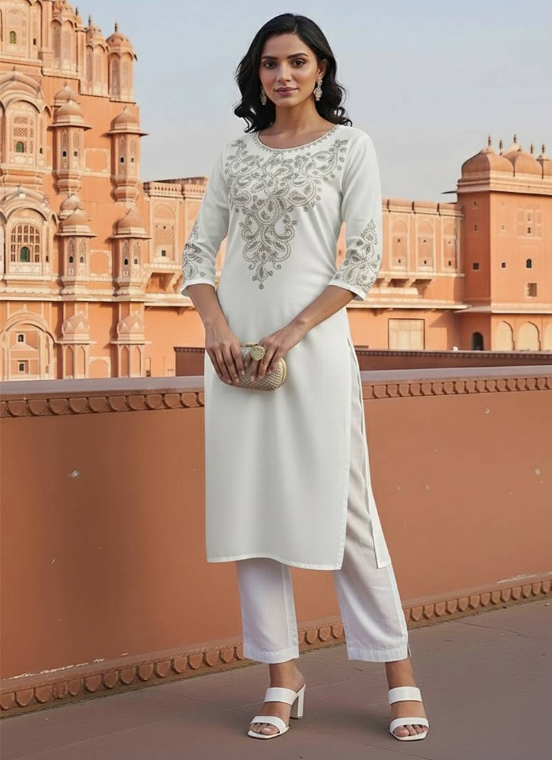White embroidered rayon kurta set