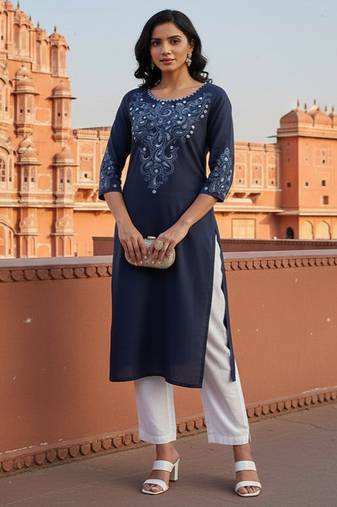 Navy embroidered rayon kurta set