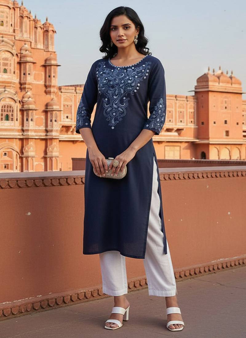 Navy embroidered rayon kurta set