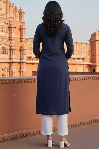 Navy embroidered rayon kurta set