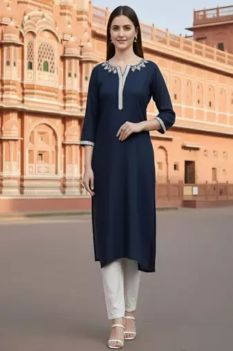 Navy embroidered rayon kurta set