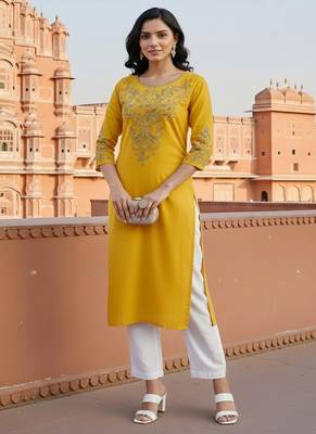 Yellow embroidered rayon kurta set 1
