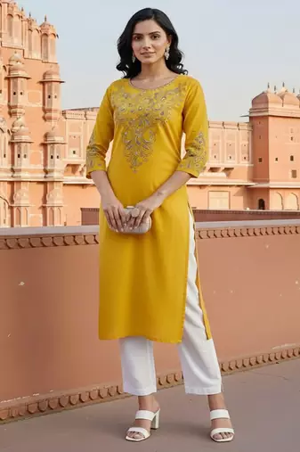 Yellow embroidered rayon kurta set
