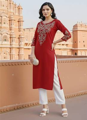 Red embroidered rayon kurta set 1