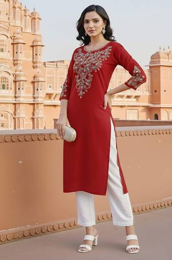 Red embroidered rayon kurta set