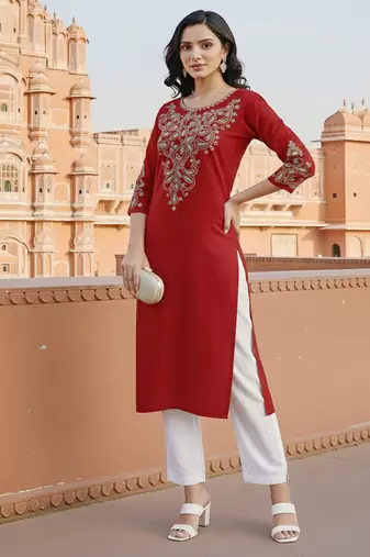 Red embroidered rayon kurta set
