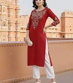 Red embroidered rayon kurta set