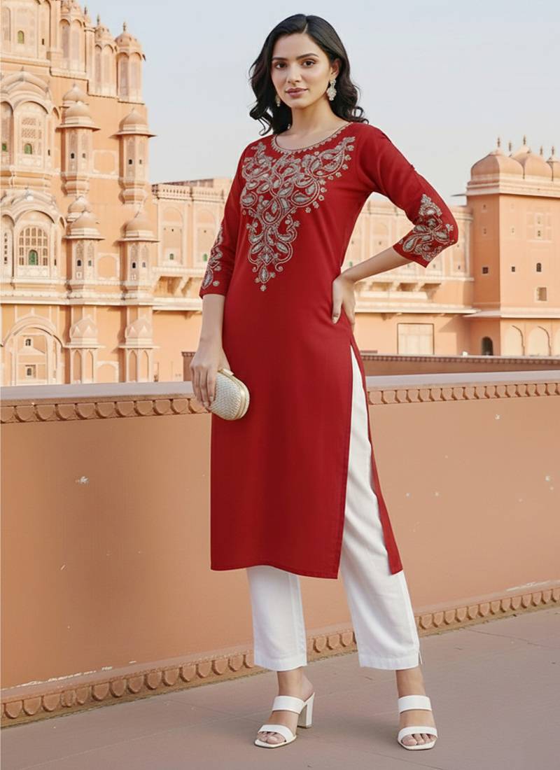 Red embroidered rayon kurta set