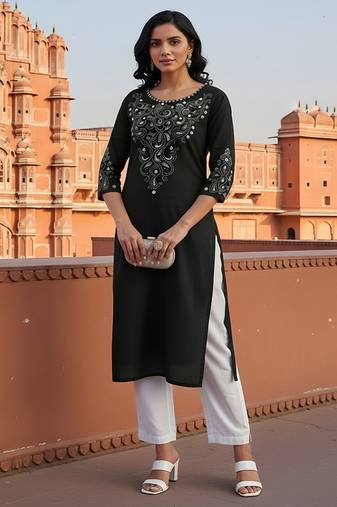 Black embroidered rayon kurta set
