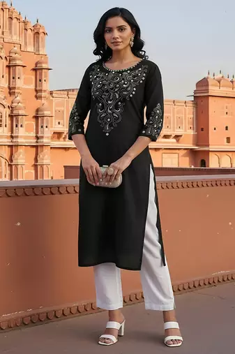 Black embroidered rayon kurta set