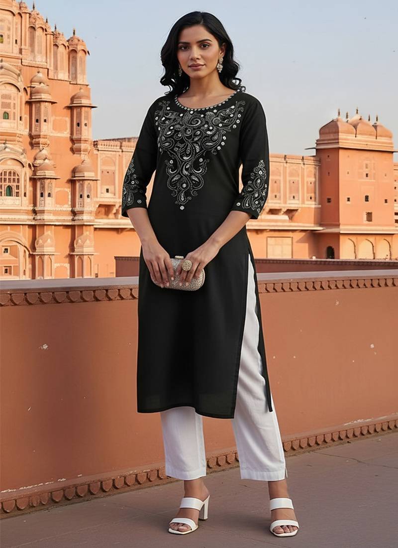 Black embroidered rayon kurta set