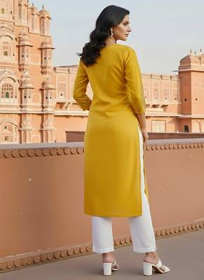 Yellow embroidered rayon kurta set 2