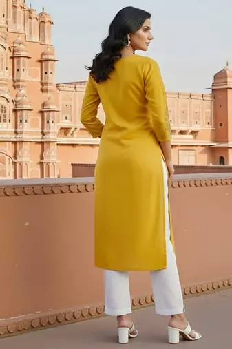 Yellow embroidered rayon kurta set