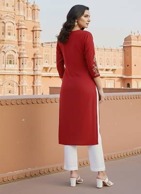 Red embroidered rayon kurta set 2