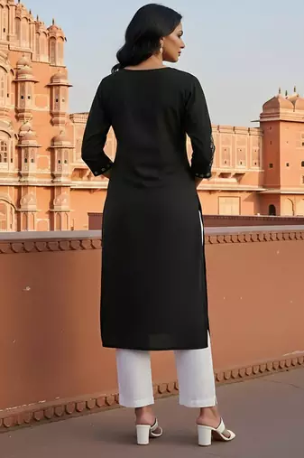 Black embroidered rayon kurta set
